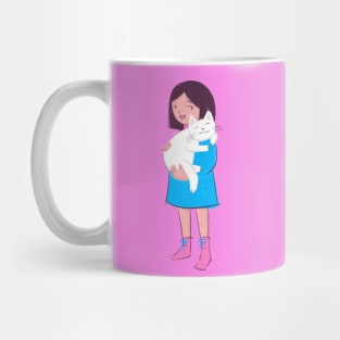 Cute little girl and her big white cat Mug